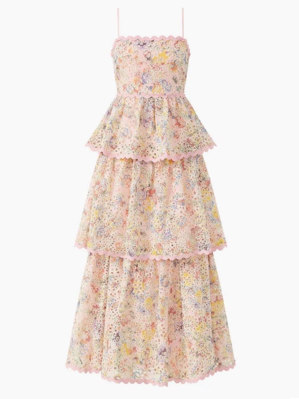 Floral Pastel Pink Tiered Lace Maxi Dress with Spaghetti Straps